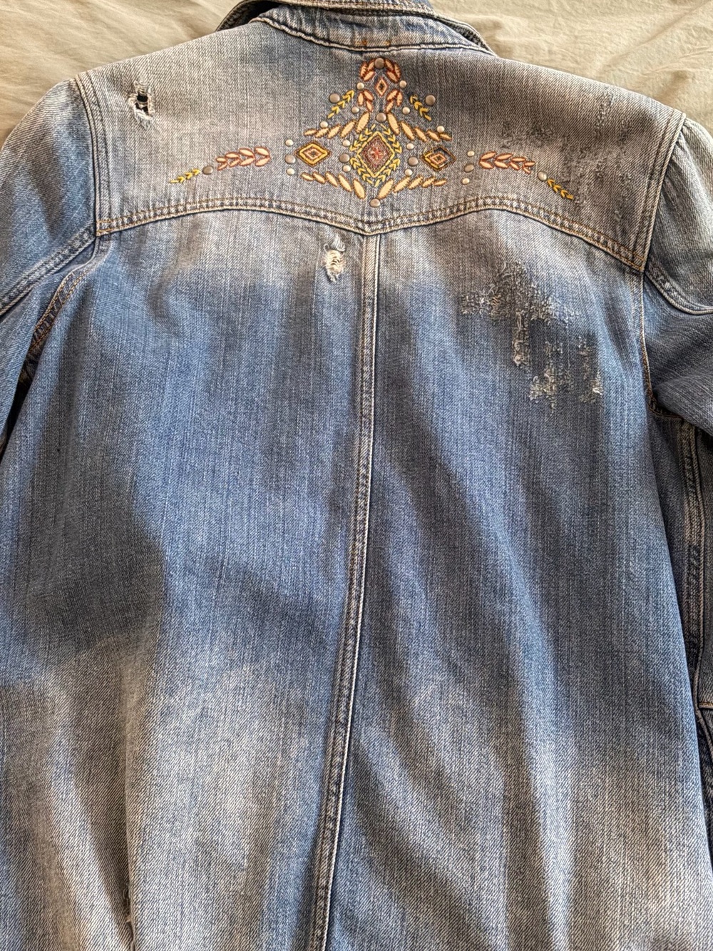 Free People Embroidered Light Blue Distressed Denim Jacket - Picture 3 of 4